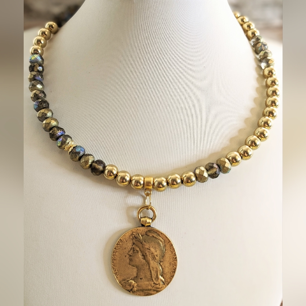 Black with Gold Etchings Glass and Gold Beads in Assymetrical Necklace or Choker